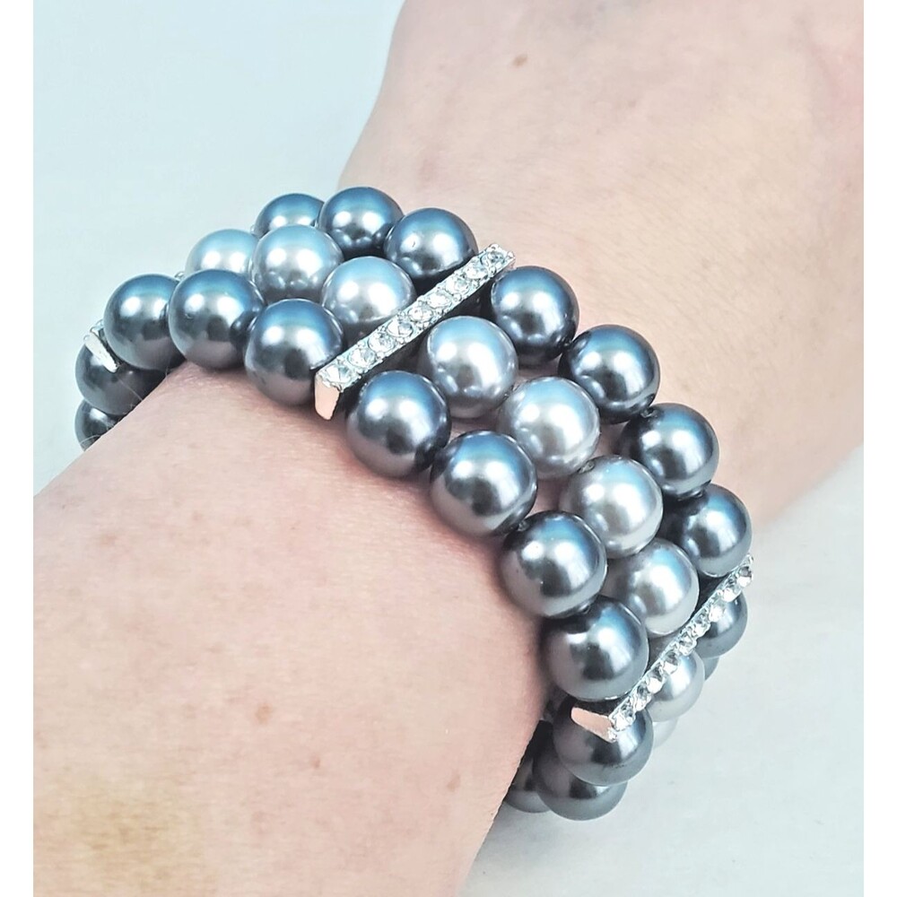 Vintage Roman RMN Gray Pearl Stretch Bracelet 3 Strand Ombre Rhinestone Cuff...